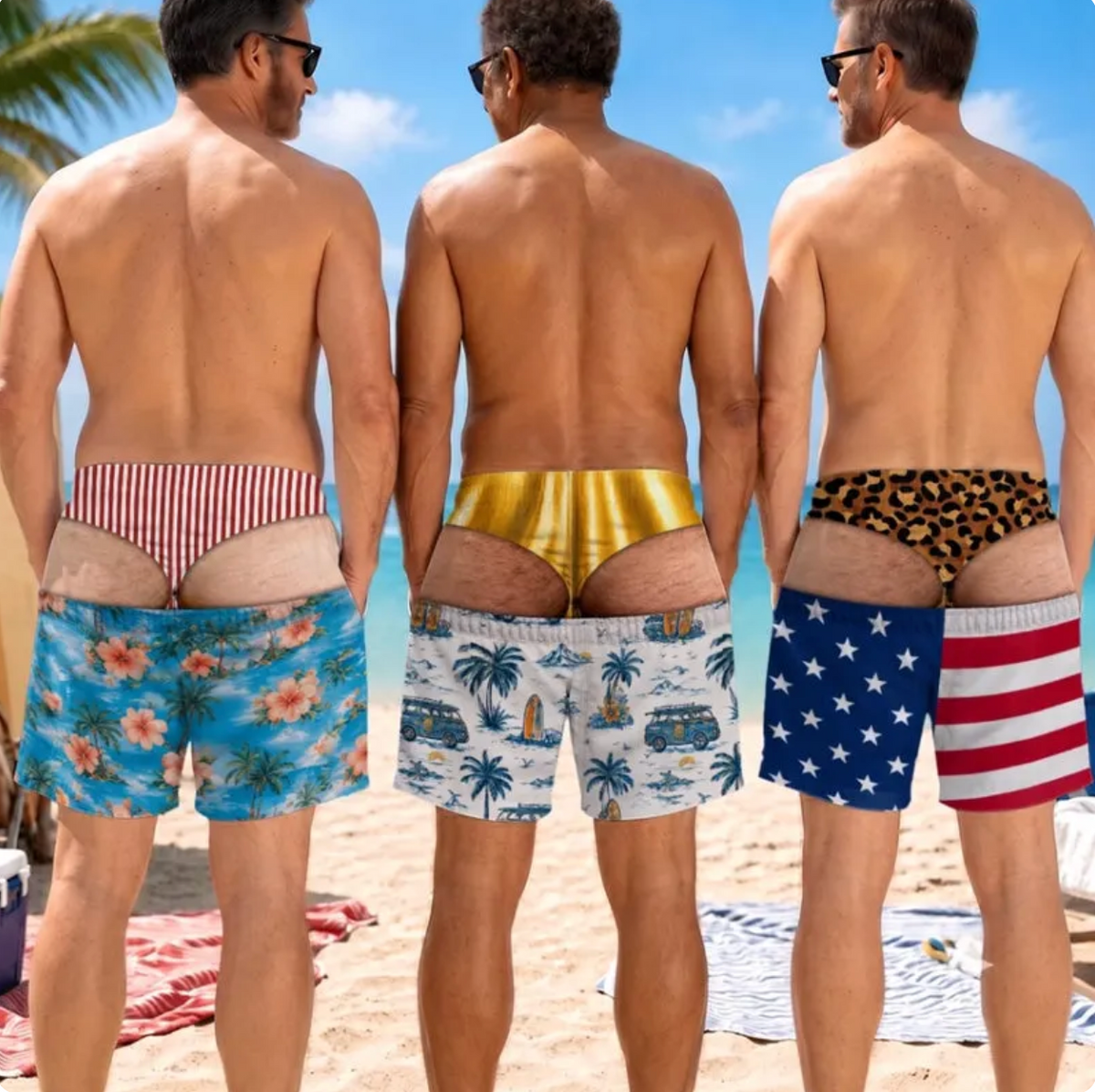 Three friends on the beach wearing printed swim trunks